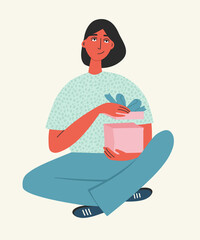Vector illustration of a girl holding and opening the gift. Illustration of giving and exchanging gifts.