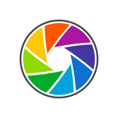 Colorful camera shutter lens with rainbow colors isolated on white background with black circle.