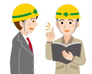 タブレットPCを持った現場作業員から話を聞くヘルメットをかぶったスーツ姿の若い男性/白背景	