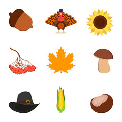 Flat set of icons for Thanksgiving Day - sunflower, pilgrim hat, autumn leaf, nut, turkey, chestnut, rowan, mushroom isolated on white background.