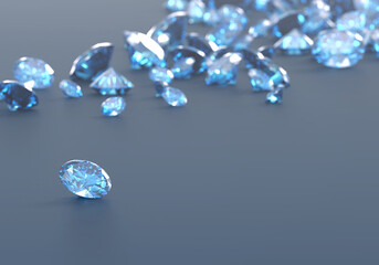 Blue diamond sapphire with group of diamonds background selective focus , 3d illustration.