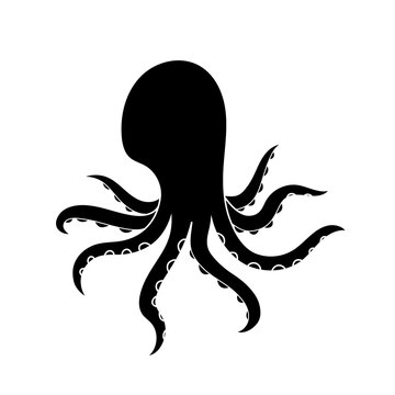 Octopus logo. Black silhouette octopus. Flat vector illustration isolated on a white background. Cartoon sea animal design. Silhouette of marine animal. Sea life. Sketch for your design.