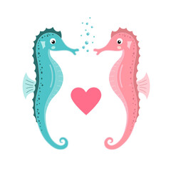 Cartoon seahorses. Cute seahorse couple. Boy and girl sea horses with heart. Romantic illustration. St. Valentines Day. Vector greeting card illustration for wedding. Design for postcard.