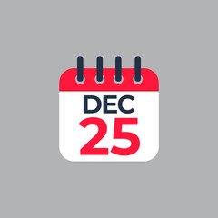 Flat vector calendar icon with the date 25th december.