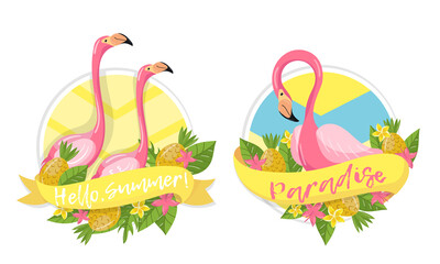 Round Badges with Exotic Pink Flamingo and Leaves Vector Set