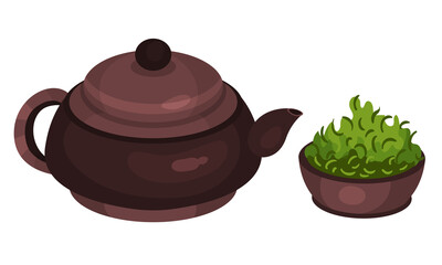 Teapot and Plant for Matcha Tea Ceremony Vector Set