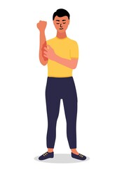 young man with a sad face is combing his other hand with one hand. Atopic dermatitis, eczema, allergies. scratches, itchy, Dry skin, redness and irritation. Cartoon vector.