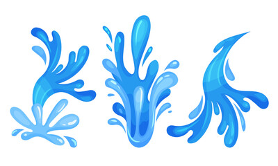 Blue Curved Water Splashes with Drops Vector Set