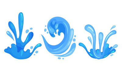 Blue Curved Water Splashes with Drops Vector Set