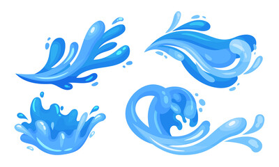 Fototapeta na wymiar Blue Curved Water Splashes with Drops Vector Set