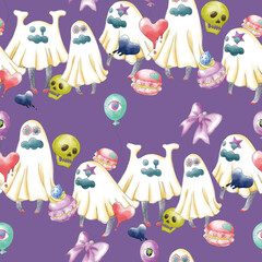 おばけがハッピーな夜の街でパーティを楽しむ柄
