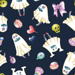 おばけがハッピーな夜の街でパーティを楽しむ柄
