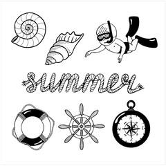 Marine set, hand drawn isolated vector illustration