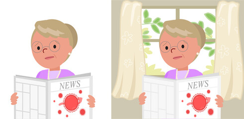 Worried Grandmother reading bad news about Covid-19 in a newspaper, cartoon vector illustration