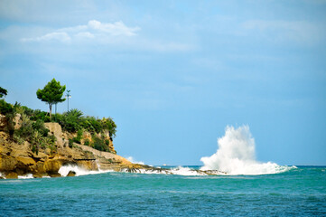 A large sea wave breaks against the stones of the shore with palm trees