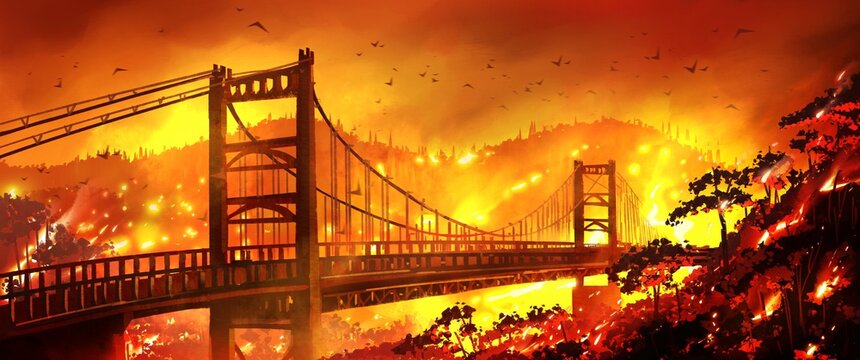 Bidwell Bar Bridge, California Bridge is on fire and mountain forests are burning. 