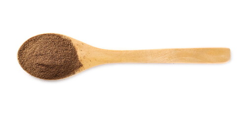 Cinnamon powder pile in wooden spoon isolated on white background, top view