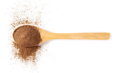 Cinnamon powder pile in wooden spoon isolated on white background, top view