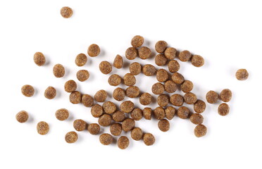 Dog food, dry granules isolated on white background, top view