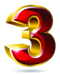 Gold number 3 isolated on white background. Vector illustration.