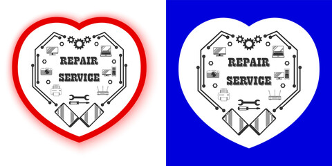 Repair service, diagnostics and maintenance of digital, video and computer equipment - stylish retro logo in the form of a mechanical, digital heart. Sticker with white outline and shadow
