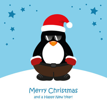 cute christmas penguin with sunglasses cartoon vector illustration EPS10