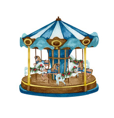 Watercolor Old carousel illustration. Christmas Market. Hand drawn round attraction in blue color. Winter Fair. © BarvArt