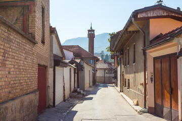 Fototapeta na wymiar Narrow street in the historic district of Sarajevo. Bosnia and Herzegovina