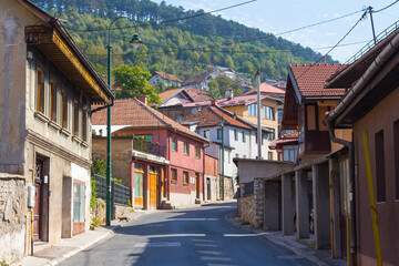 Fototapeta na wymiar Narrow street in the historic district of Sarajevo. Bosnia and Herzegovina