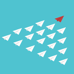 Red Paper Airplane Leading White Paper Airplanes. Leadership Concept With Paper Planes.