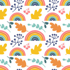 Seamless pattern with Colorful stylish autumn rainbows, oak leaves and berries. Vector illustrations for children's
