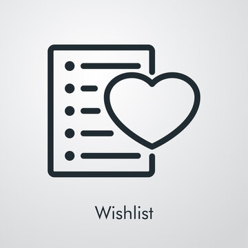 Concepto ecommerce. Icono lineal con texto Wishlist con formulario con coraz&oacute;n en fondo gris
