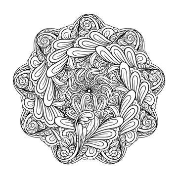 Black and white ethnic style floral mandala pattern for antistress coloring. Abstract coloring page.