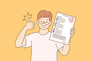 Childhood, education, study, success, like concept. Young happy cheerful smiling boy pupil character standing with test exam results showing thumbs up. Successful goal achievement and back to school.