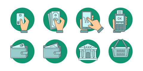 Online payment, shopping, money, banking - icons with hand holding credit card, cash, phone, banking terminal and pictures of purse bank building and shopping cart - vector set
