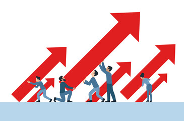 Business growth - people group holding  arrows up (45 degrees direction) - vector concept for illustration of profit, success