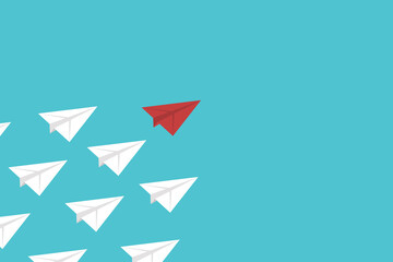 Red Paper Airplane Leading White Paper Airplanes. Leadership Concept With Paper Planes.