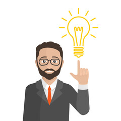 Fototapeta na wymiar Idea or inspiration - businessman in jacket with fith beard and glasses shows the lamp - symbol of solution - vector cartoon flat illustration