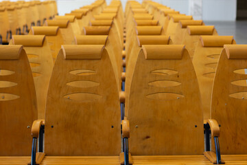 Row of yellow chair in the waiting room railway station, Russia