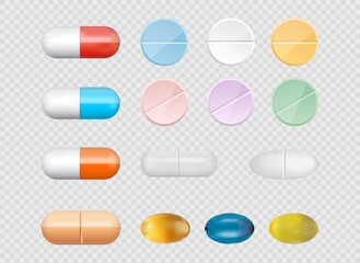 Vector illustration of different medicinal drugs, tablets and pills on background