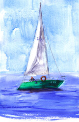 Watercolor illustration, hand drawn sailboat. Art print emerald yacht sails, watercolor effect blue sky and ultramarine water.