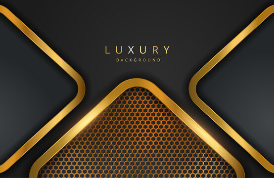 Realistic 3d Background With Shiny Gold Geometric Shape. Vector Golden Geometry Shape On Black Surface Graphic Design Element. Luxurious Elegant Template