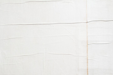 White dirty crumpled paper posters glued on billboard with rough surface texture background.