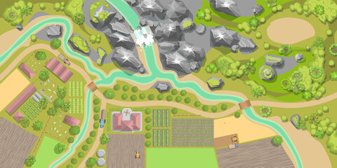 Vector illustration. Green farm in the landscape. (top view) 