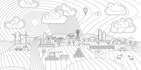 Obraz premium Linear vector illustration. Green farm. Fields, vegetable gardens, hangars, buildings, barns, agricultural machinery. Eco farm. 