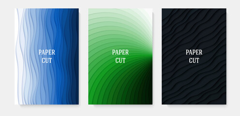 A set of posters. Abstract geometric background in paper cut style. Smooth lines. Design for brochures, posters, flyers, advertising. Vector illustration