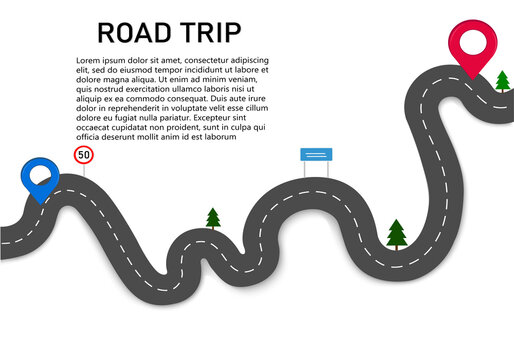 Road trip. Follow the winding path with two navigation pointers. The starting and ending point of the stop. The route of the car on the map. Highway with signs and trees on the way. Vector