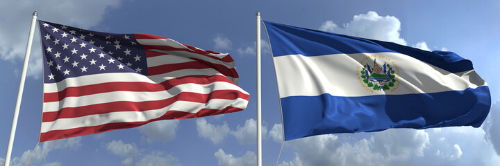 Flying flags of the USA and El Salvador on sky background, 3d rendering