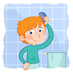 Combing hair - Daily routine of a little boy with ginger hair - Illustration 
