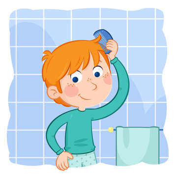 recommend clip art: Combing hair - Daily routine of a little boy with ginger hair - Illustration	
                    